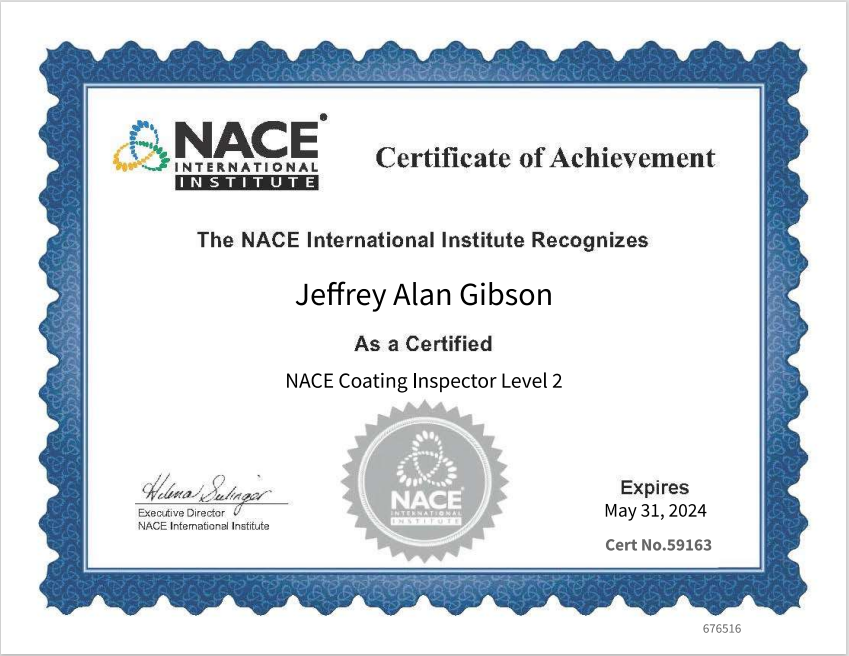 Jeffrey Gibson AWS Certified Welding Inspector Nace Level 2 Coatings